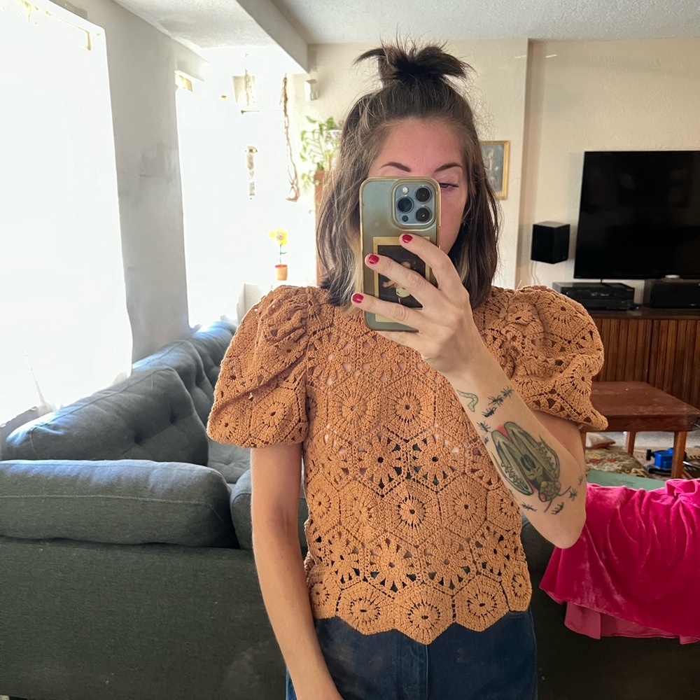 Zara Crochet Top Vintage style shirt with poofy sleeves medium M Zara top